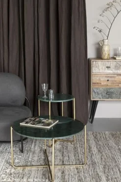 Soffbord 'Timpa' Runt 70cm  - Grön marmor/Guld